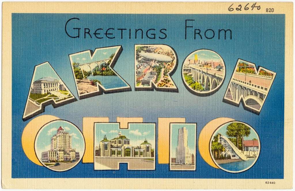 Vintage postcard that says Greetings from Akron with images of local landmarks