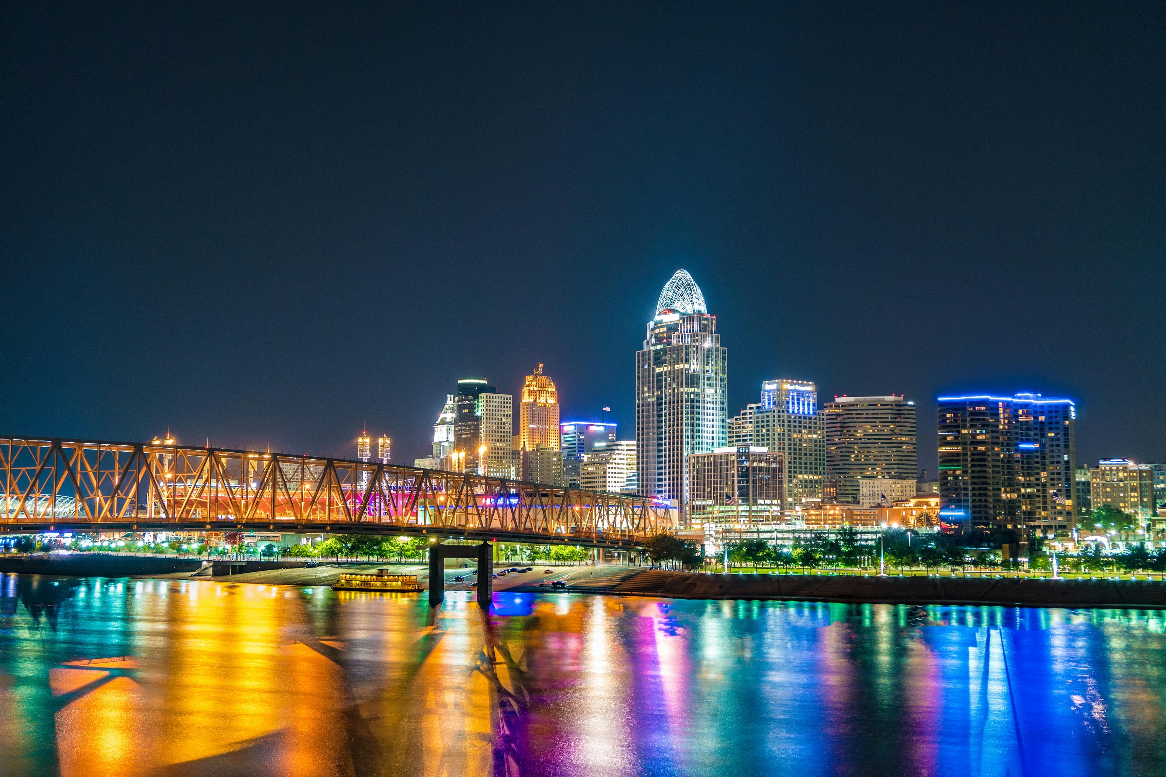 Beautiful city of Cincinnati skyline with the Ohio River in the foreground at night