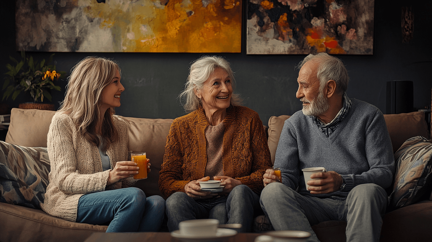 A family drinking tea and juice